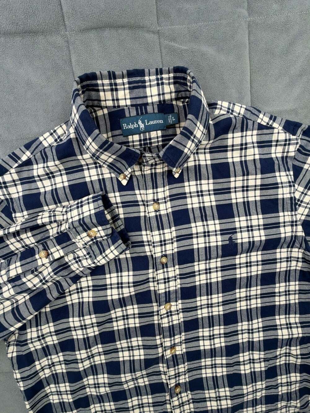 Ralph Lauren Plaid Button Down Shirt Size L Blue Cream Long Sleeve